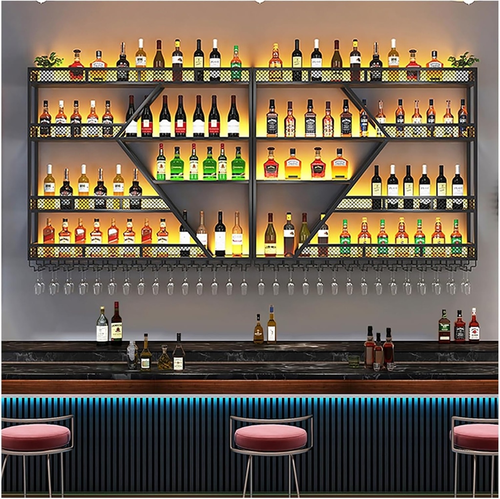 Bar Wine Rack Wall Mounted with LED Light,Metal Floating Shelves,Liquor Bottle Display Shelf,Large Wall Wine Storage Racks with Wine Glass Holder,for Wine Cellar Kitchen Dining Room Decor(Co