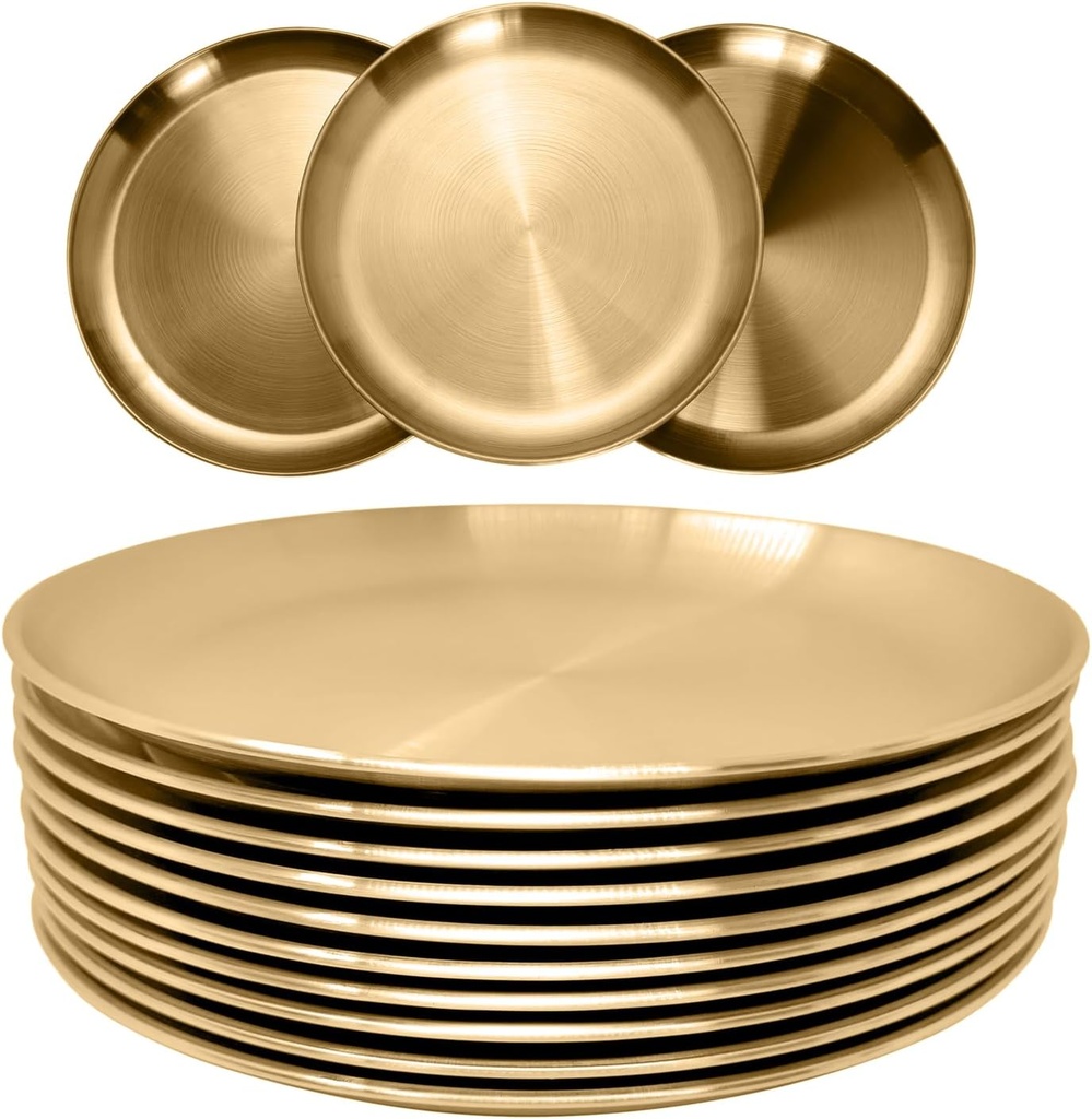 WANBY Stainless Steel Plates Gold Metal Dinner Plates Unbreakable Dinner Dishes Set for Kitchen Home Camping Outdoor Party BBQ (9inch 10Pcs)