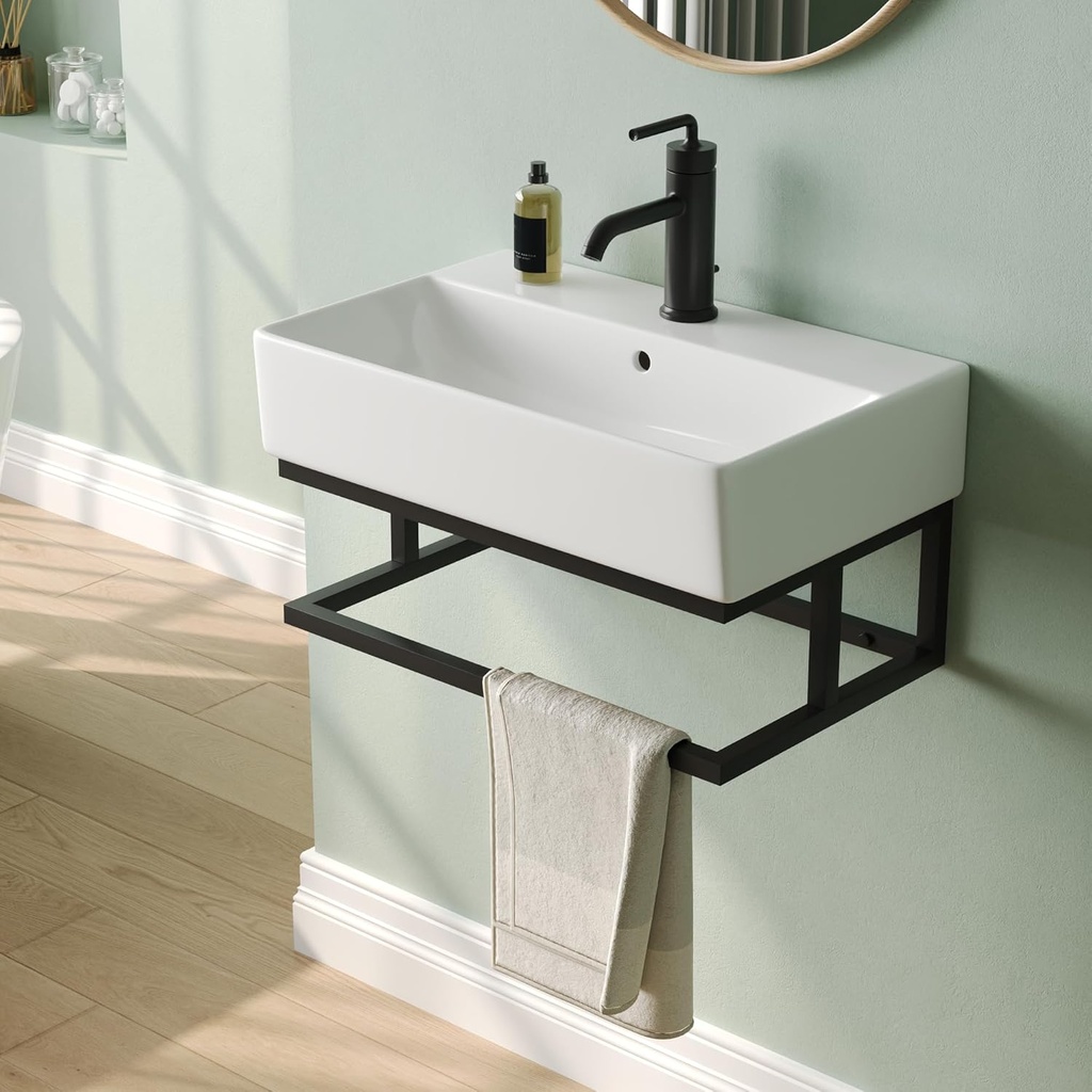 DeerValley 22"x14" Wall Mounted Bathroom Sink with Towel Rack, Rectangular Small Floating Bathroom Sink with Single Faucet Hole and Overflow，DV-1WS0322B