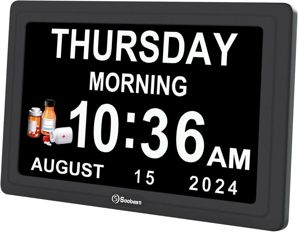 Soobest Digital Dementia Alarm Clock for Seniors Elderly, Electric Large Display Date Day of Week Time Calendar Clock 20 Reminders 3 Ringtones for Memory Loss Alzheimers, Auto DST/Dimmer, 1024*600P HD