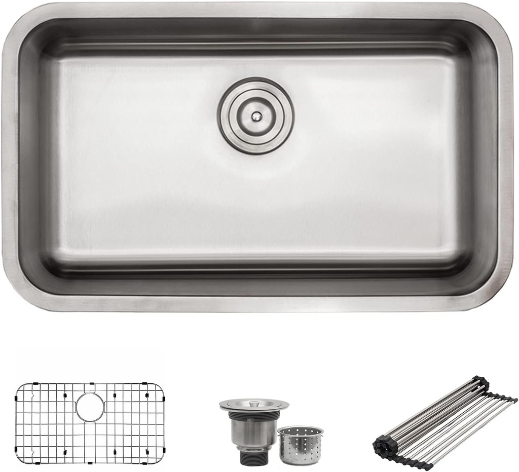 S STRICTLY KITCHEN + BATH Sinks 29 Inch Undermount Kitchen Sink-Single Bowl Sinks-18 Gauge Sink-Ideal Sink for with Single Disposal Flange (with Stopper) Only, Silver, 29.75 Inch