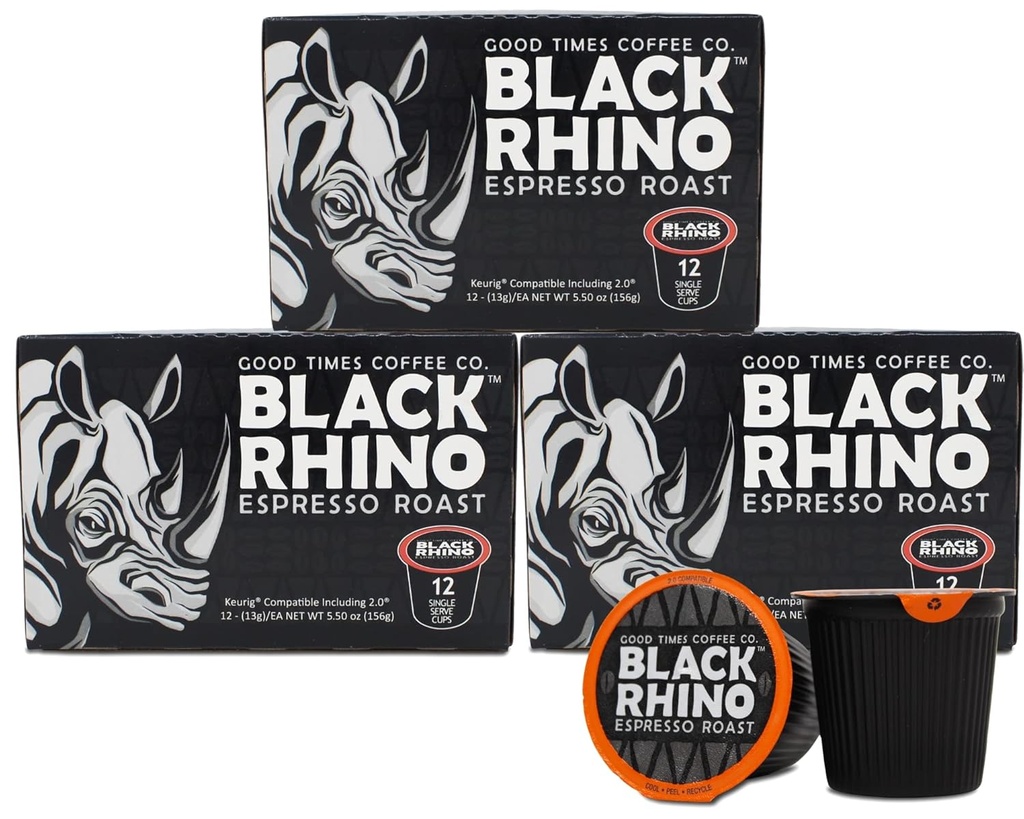 Good Times Coffee Company Black Rhino Espresso Roast Coffee Single Serve Pods, Dark Roast Fine Grind, 36 Count