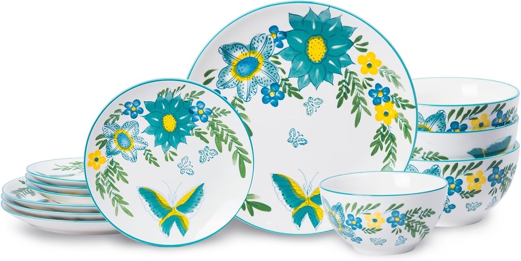 HomePop Ceramic 12-Pieces Dinnerware Sets,Dish Plates and Bowls Sets - Blue Turquoise
