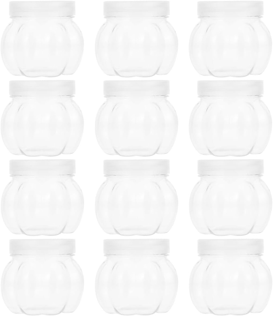 DOITOOL 12 Pcs Halloween Pumpkin Candy Jar - Clear Plastic Pumpkin Jar with Lid 5oz/150ml Creative Plastic Snack Storage Containers Candy Dish for Halloween Party Decoration
