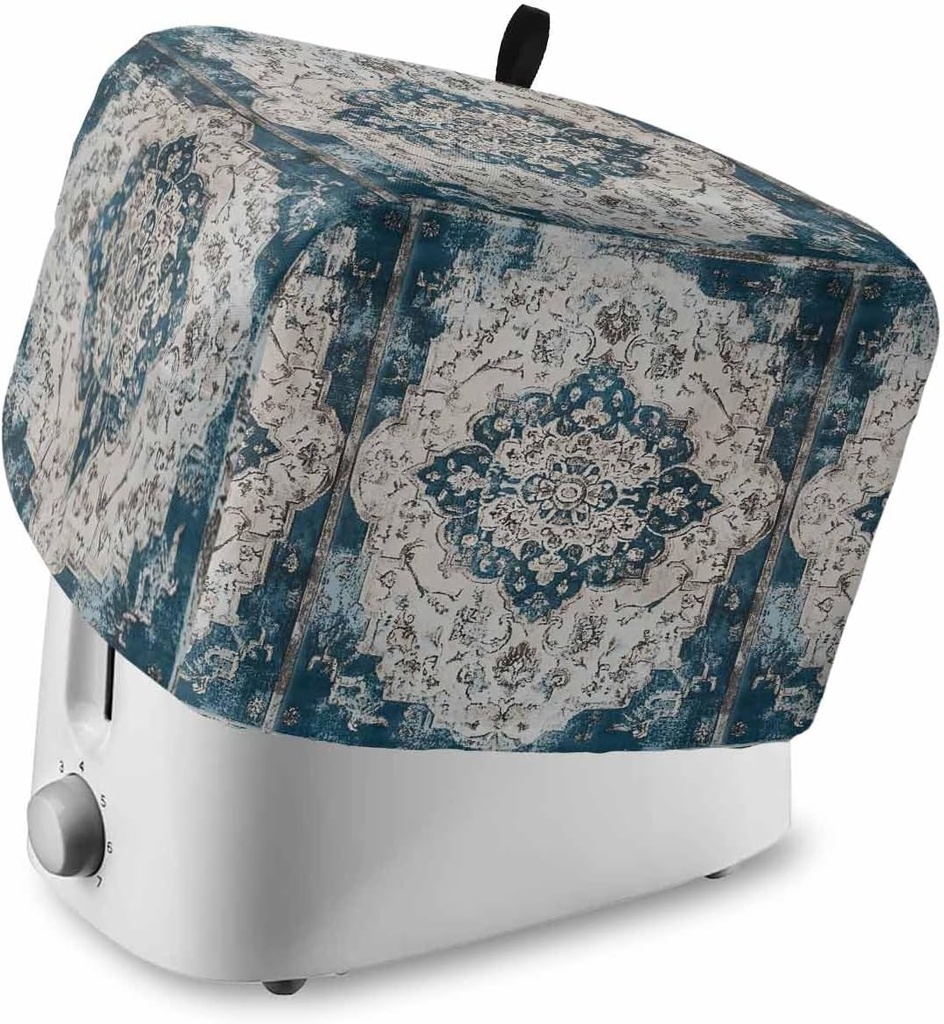 Boho Flower Blue Gray Toaster Cover 2 Slice, Kitchen Appliance Covers with Pocket & Loop, Retro National Floral Textured Polyester Bread Machine Covers Dust & Fingerprint Protection