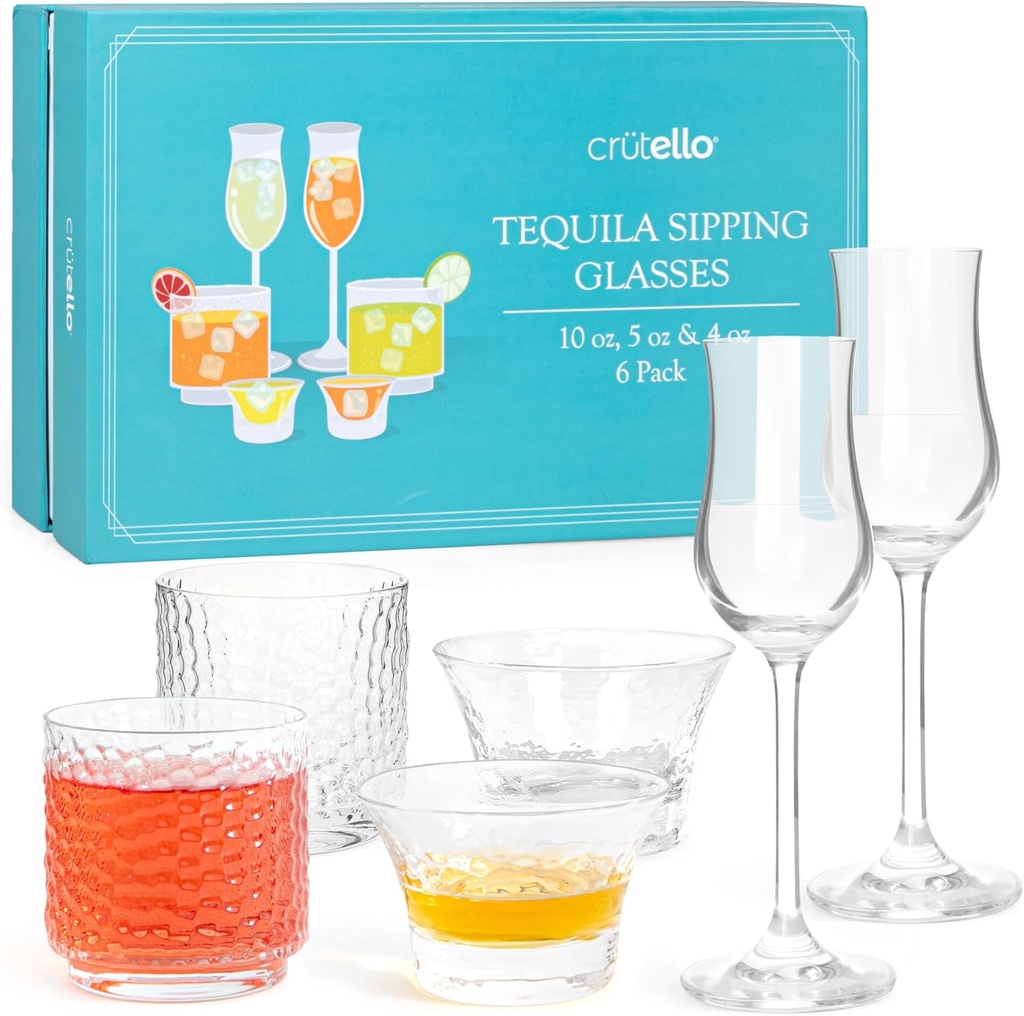 Crutello Tequila Sipping Glasses - Set of 6, 3 Unique Style Mezcal Glassware - 10 & 5 oz Tequila Tasting Glasses & 4 oz Copita Snifter Glass, Best Gifts for Alcohol Lovers
