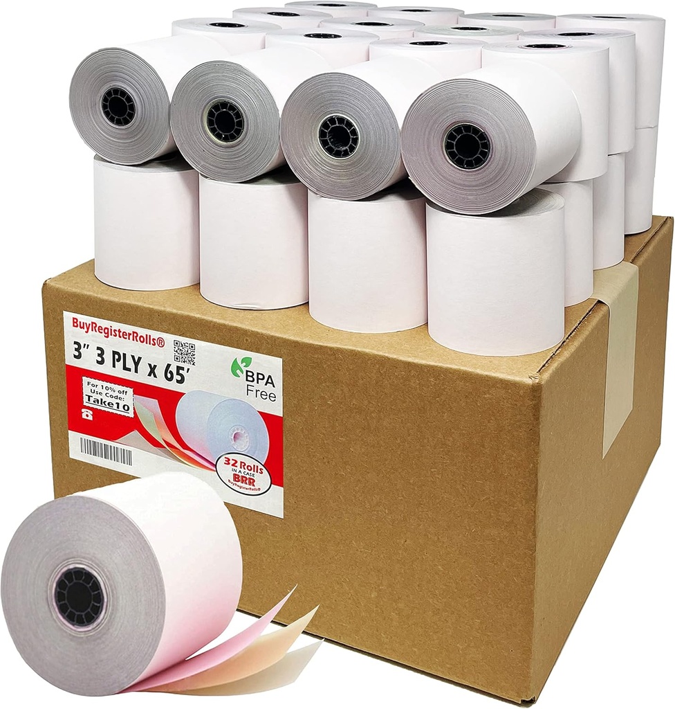 (32 Rolls) 3-ply 3" inch 65' Feet White/Canary/Pink Carbonless Paper for Star SP700 TMU 220 (3-ply 3" inch 65' Feet) Kitchen Printer Paper From BuyRegisterRolls