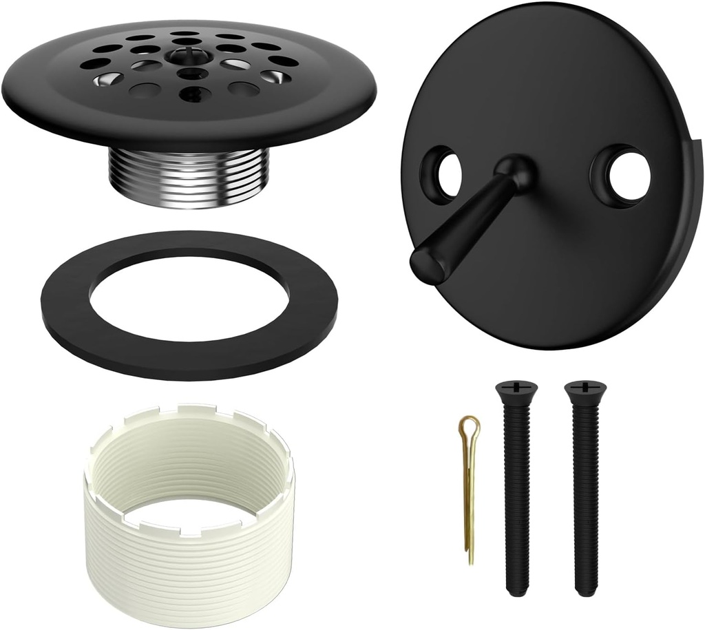 Trip Lever Tub Drain Kit, Bathtub Drains Stopper Replacement Set with Trip Lever Overflow Faceplate, Strainer, No Putty Gasket and Matching Screws (Matte Black)