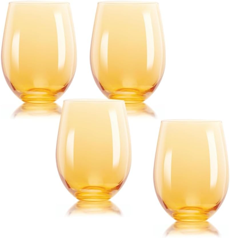 QUALIA Carnival Amber Wine Glasses Stemless Set of 4, 19oz Iridescent Stemless Wine Glasses, Amber Drinking Glasses, Lead-Free Hand Blown Crystal Glass, Birthday Gifts For Women