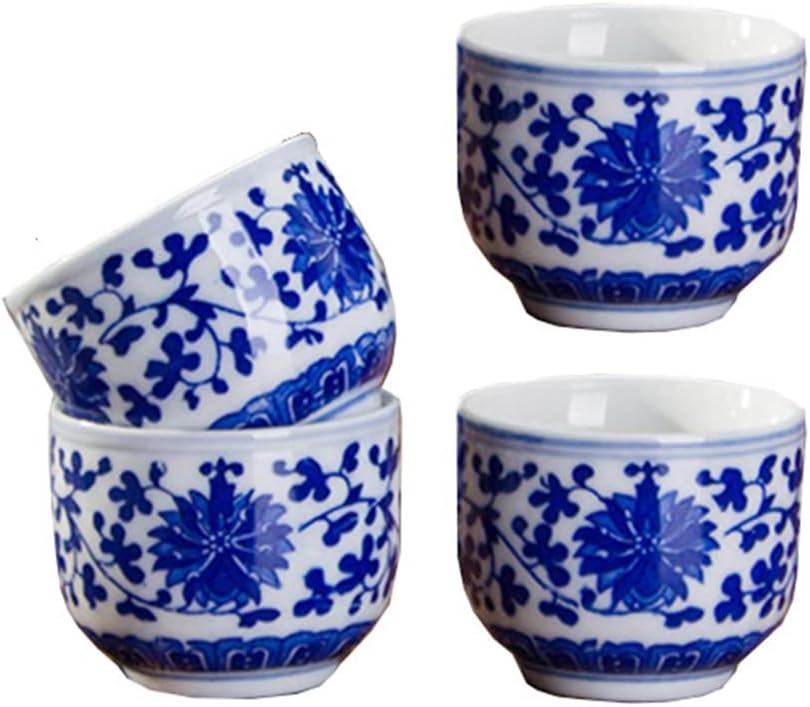4pcs Blue and White Ceramic Sake Cups,Retro Chinese Flower Wine Cups