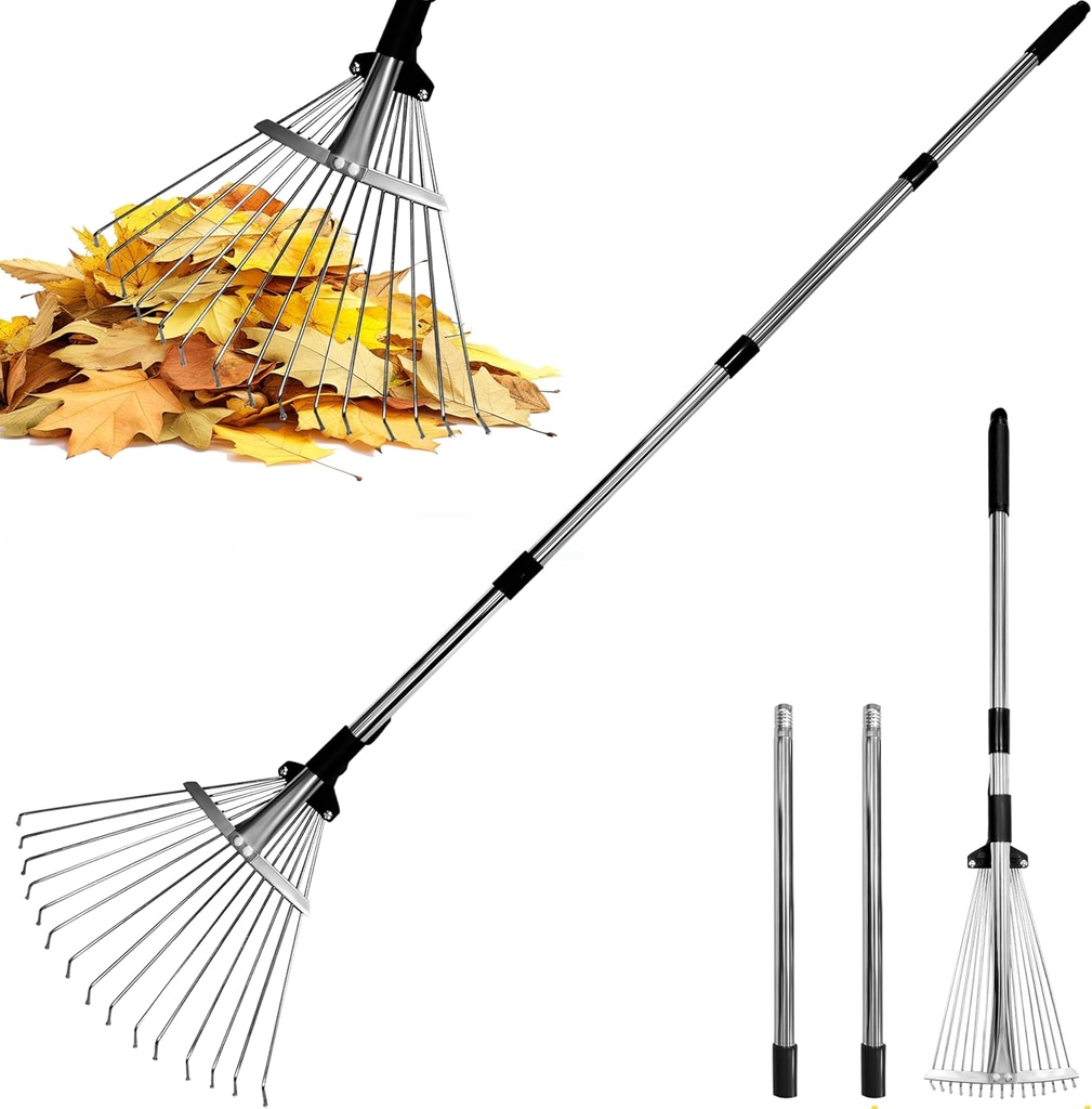 Garden Rake for Leaves – Heavy Duty Metal Leaf Rake for Lawns with Adjustable Handle (33"-69") & Expandable Head (8"-15") – Durable for Lawn, Shrub, Garden Beds – Essential Gardening Tools
