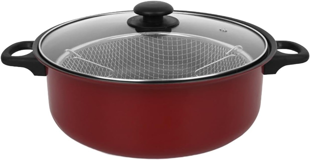 Nonstick Deep Fryer Pot Deep Frying Pan French Fries Cooker Butter Warmer Pot with Lid Net Basket Portable Saute Pan Cookware, 24cm