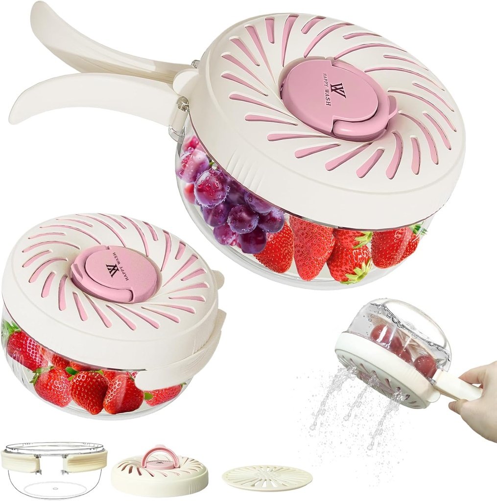 2 Pcs, Fruit Washing Bowl with Strainer, fruit strainer container with lid, Portable Fruit Colander with Collapsible Handle, Strawberries Container Salad Stir for Kitchen Picnic, Large & Small