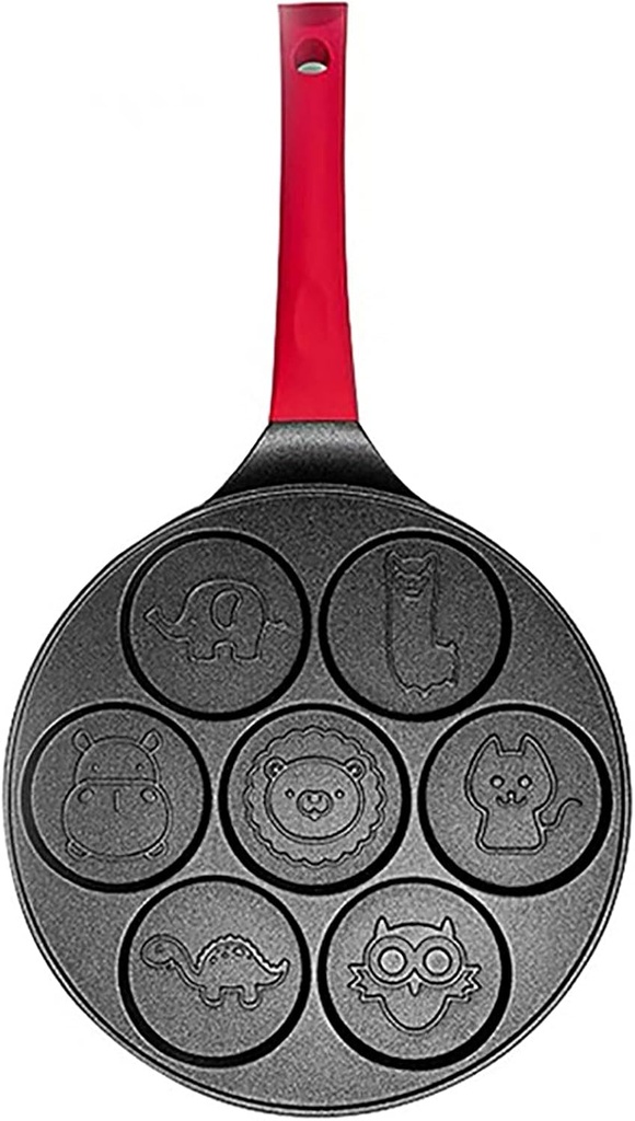 Breakfast Frying Pan,Seven-Hole Cartoon Omelette Pan,Aluminum Alloy Maifan Stone Non-Stick Bakeware,Omelette Mold,Hamburger Bread Machine Kitchen Utensils,Used for Gas Stove,Red-A