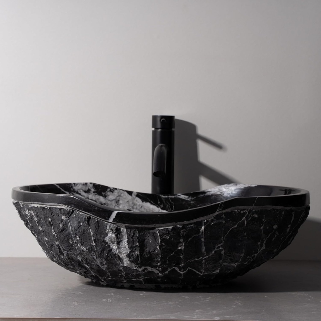 Handcrafted in Elegant Black Marble Stone, Boat-Shaped Stone Vessel Sink, 20"x14"x6" Marble Sink for Bathroom, Chiseled Exterior & Polished Interior - Bold Veins