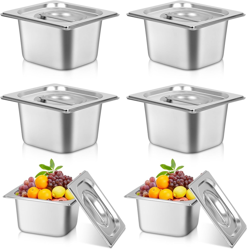 6 Pack Stainless Steam Hotel Pan with Lid, 1/6 Size 4 Inch Deep Steam Table Pans, Stackable Commercial Anti Jam Steam Tray Catering Food Storage Steel Pan for Hotel Restaurant Buffet Party Supplies