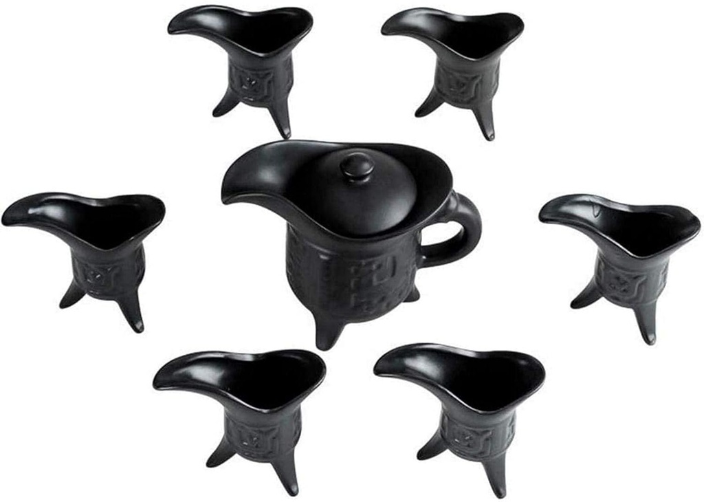 Refineness Sake Set, 7 Piece Black Retro Ceramic Sake Set, Japanese Style Wine Dispenser Set, Homeset for Cold/Warm/Shochu/Tea/Green Warmer(Black)