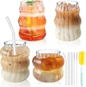 4 Pcs Creative Glass Cups,Wave Shape Cute Drinking Glasses with 4 Glass Straw (Straight & Elbow) Aesthetic Cups Vintage Ribbed Glassware for Beverage Coffee Milk Cocktail Juice-3Cleaning Brush