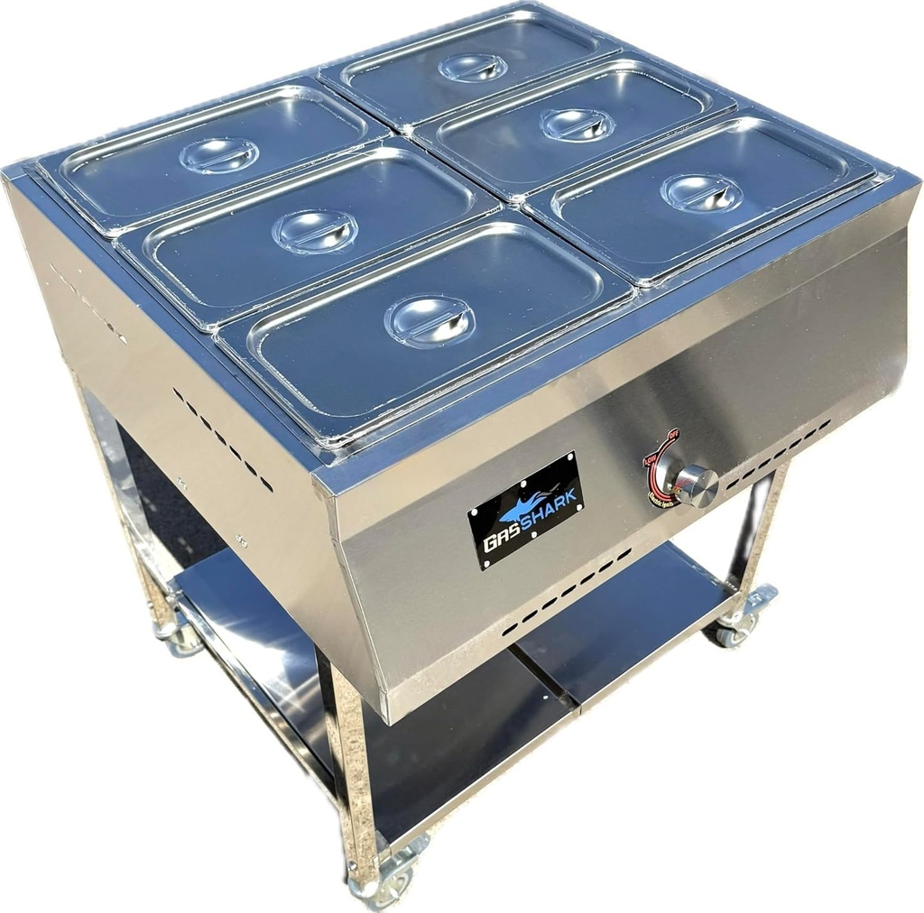 Gas Shark 6 Container Pan Outdoor Steam Table Food Warmer Cart | Propane | CSA Approved | 6 Standard 1/3 Pans (12" x 6" x 4") | Buffet | Stainless Steel | Portable for Home, Commercial, and Catering
