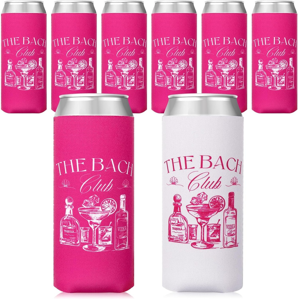 LemonRoad 8 Pcs Bachelorette Party Can Sleeves 5.5" x 3.5" Slim Can Cooler Sleeves Bulk for Beach Bachelorette Party Decoration Accessories Bride Bridesmaid Gifts (White,Rose Red,Bach Club)