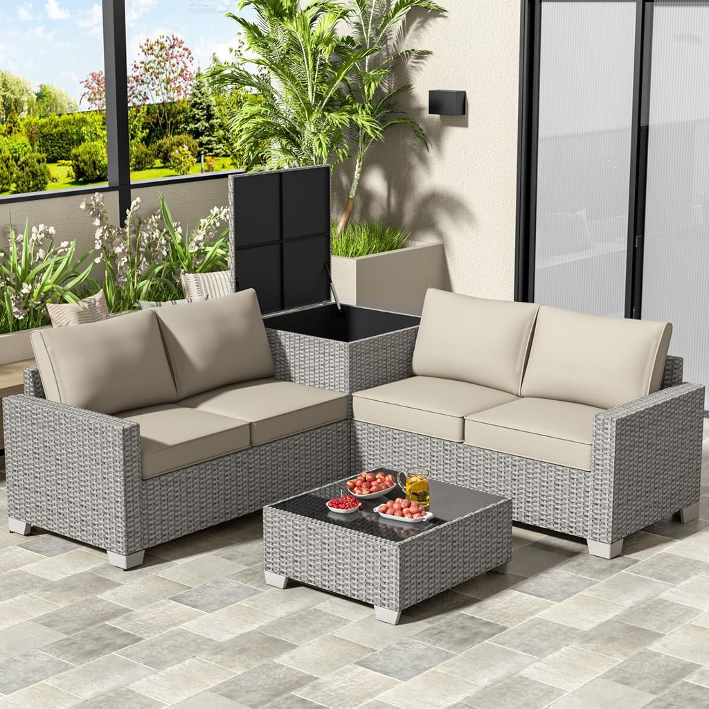 4-Seater All-Weather Outdoor Patio Furniture Set with Storage & Table, L-Shaped Sectional Sofa & Corner Couch - PE Rattan Wicker Outdoor Conversation Set, 350 lbs Capacity