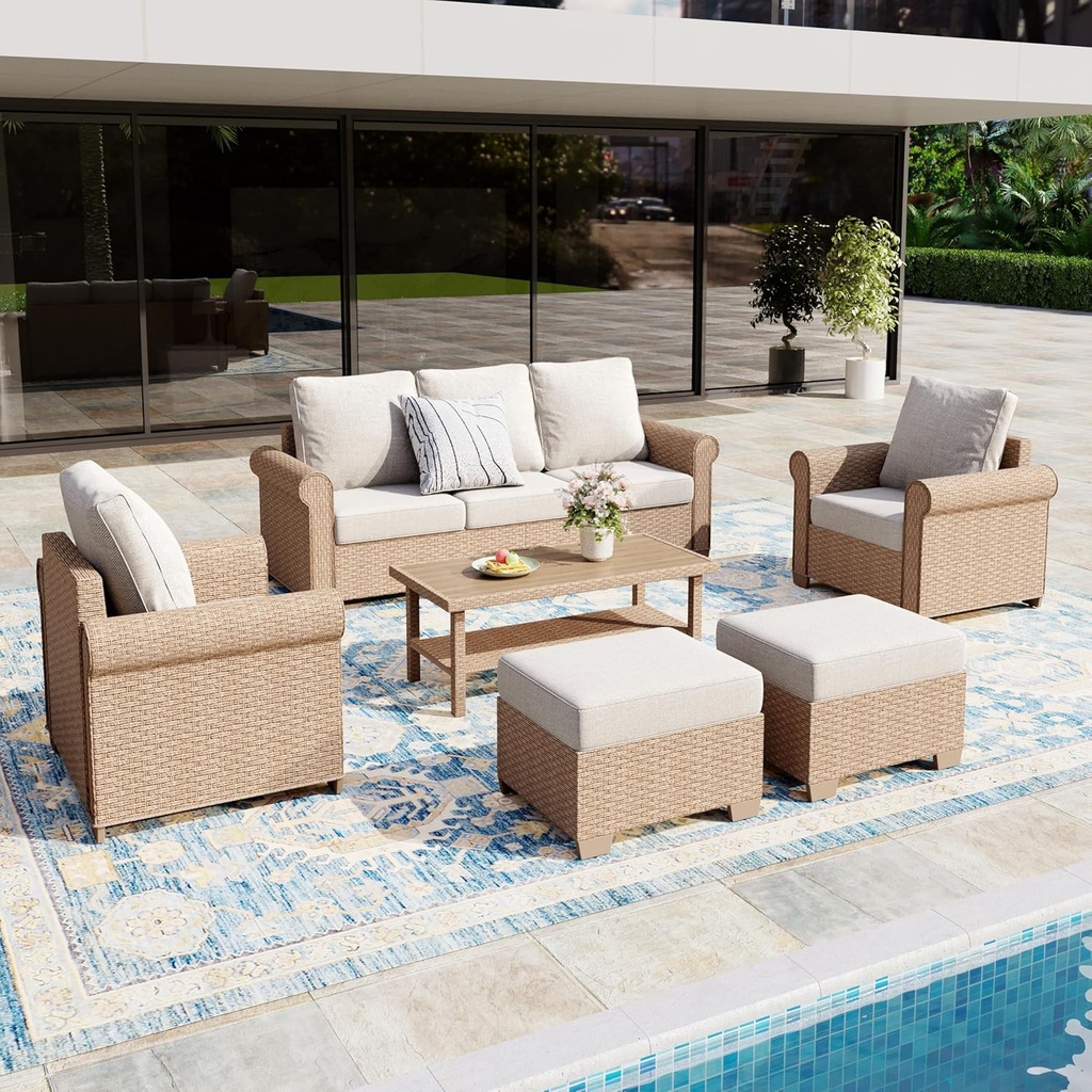 Patio Furniture Set 6 pcs, Wicker Outdoor Patio Furniture, 3-Seat Sofa, 2 Single Chairs, 2 Ottomans and Coffee Table, Rattan Patio Conversation Set for Backyard Deck, Beige