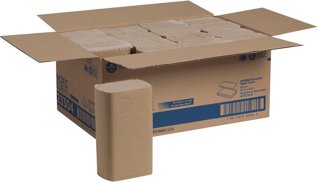 Pacific Blue Basic Recycled Multifold Paper Towels (23304), Brown, 250 Towels/Pack, 16 Packs/Case