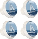 4 Pieces Drawer Knobs Coastal Sail Boat on Ocean Background 35mm White Base Dresser Knobs Closet Door Cabinet Hardware Handles Pulls for Kitchen Bedroom Cupboard