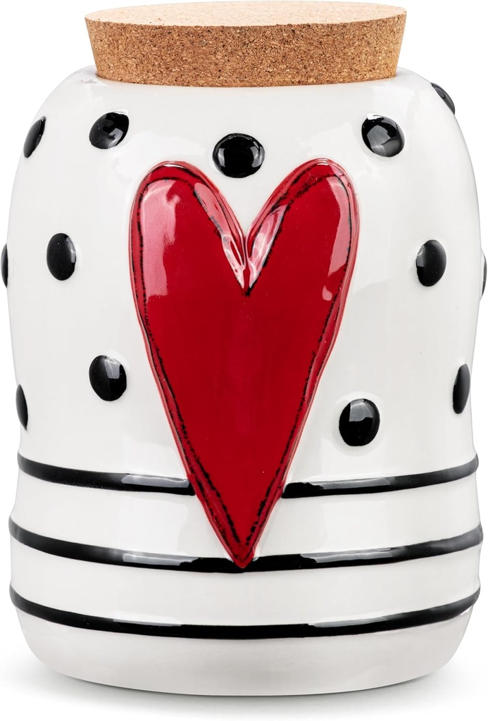 DEMDACO Heartful Home by Tracy Pesche Collection Red Heart Black Dot and Stripe Medium 6.5 x 4.5 Stoneware with Cork Lid Cookie Storage Jar Canister