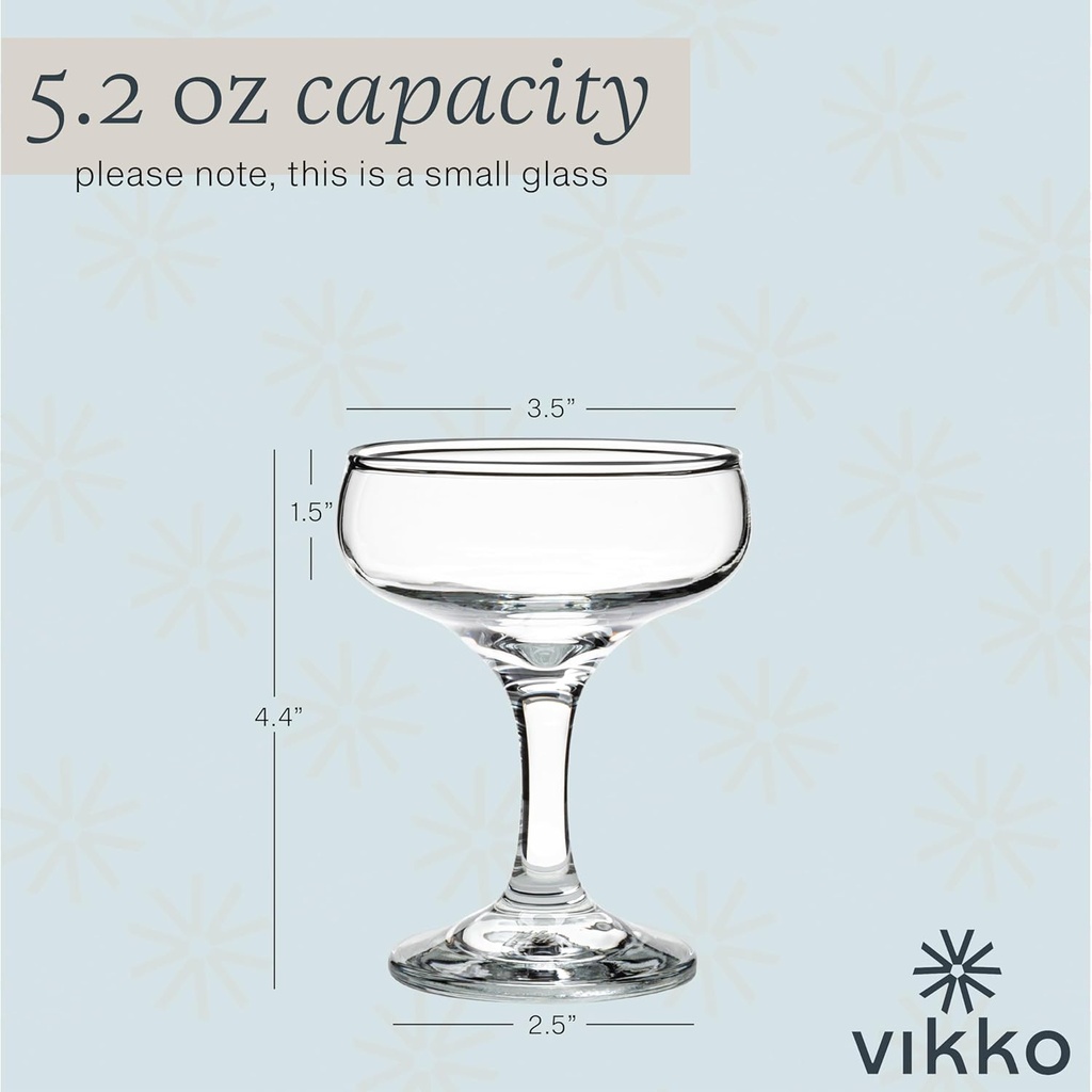 Vikko Small Cocktail Glasses - Set of 6 Classic Manhattan and Martini Coupe Glasses, 5.2 oz