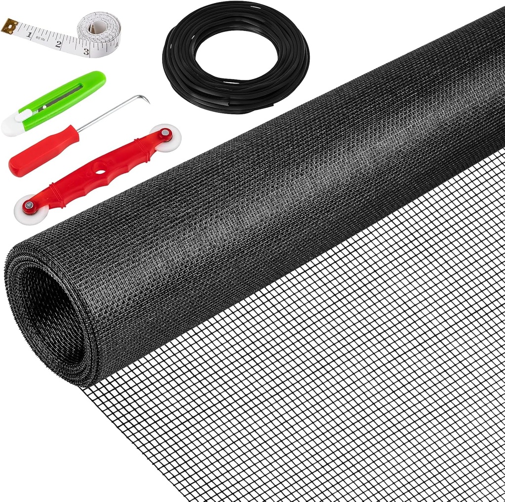 48"X236" Window Screen Replacement Kit, 6 in 1 Window Screen Door Repair Kit, Replacement Window Screens, Fiberglass Patio Screen Mesh for Porch Sliding Door, Rolling Tool Hook Spline Cutter Ruler