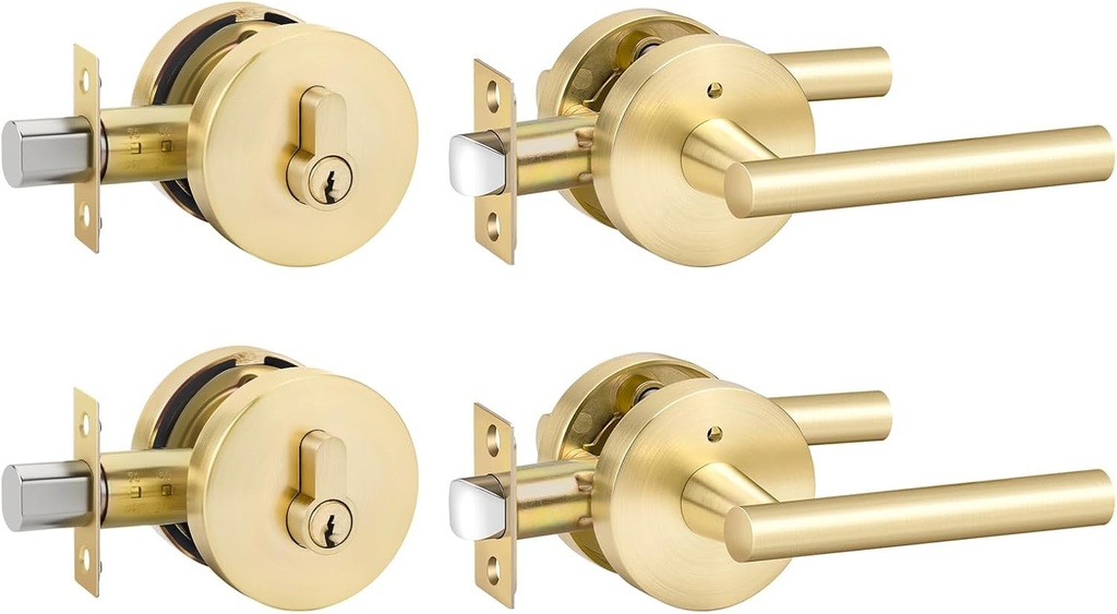 goldenwarm 2 Pack Exterior Gold Door Handle with Deadbolt, Single Cylinder Deadbolt and Entry Door Handle Set,Brushed Gold Front Door Lock Set