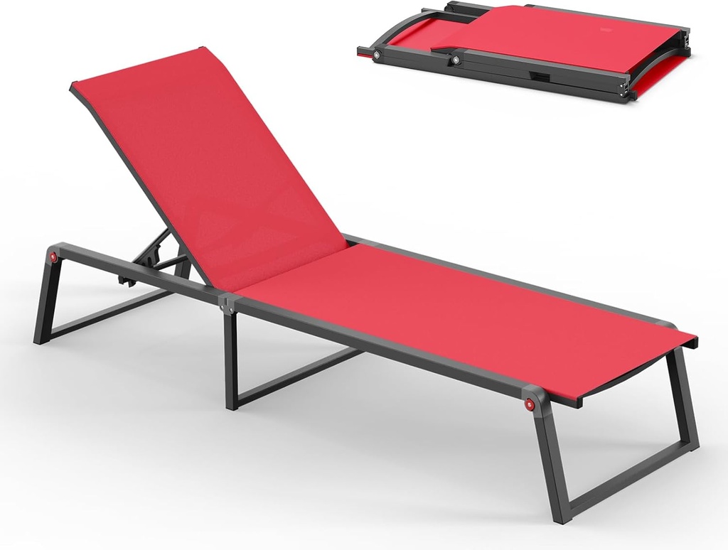 Aluminum Chaise Lounge Chair Outdoor, Foldable & Assembly Free Patio Pool Lounge Chairs 5-Position Recliner for Outside Poolside, Fully Grounded Legs Sun Lounger for Beach, Yard, Red
