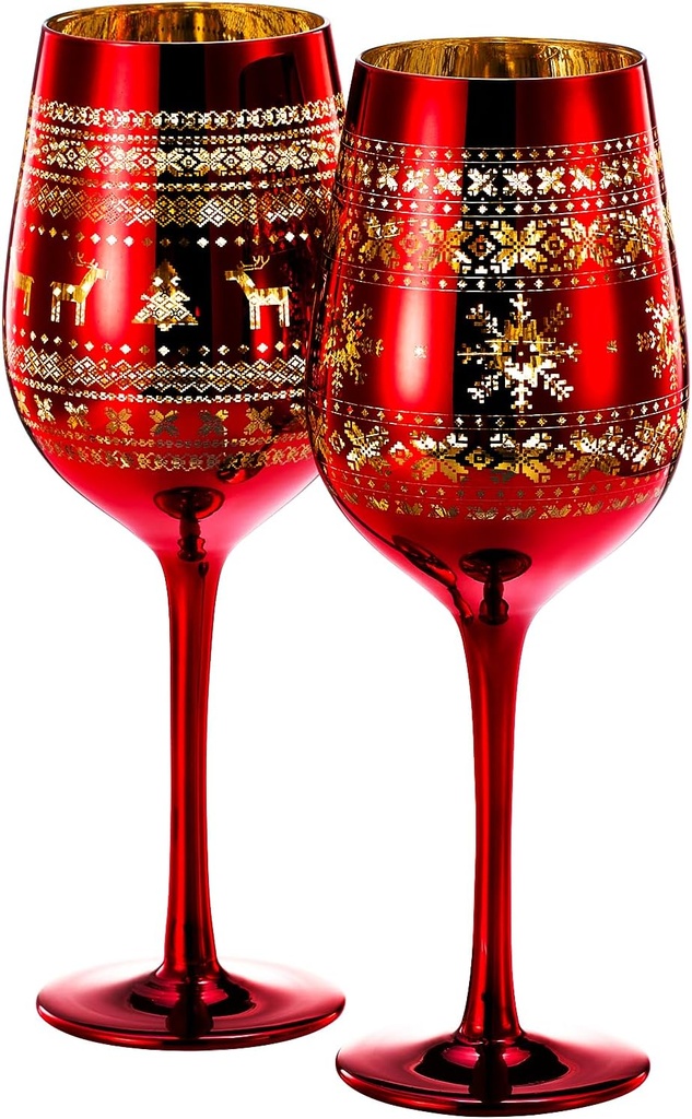 Crystal Winter Tree Wine & Water Glasses - Set of 2 - Themed Red & Gold Etched Winter Snow Wonderland Frosted Glass, Perfect Seasonal Parties, Gifts Him & Her Trees Décor - Stemmed Tree