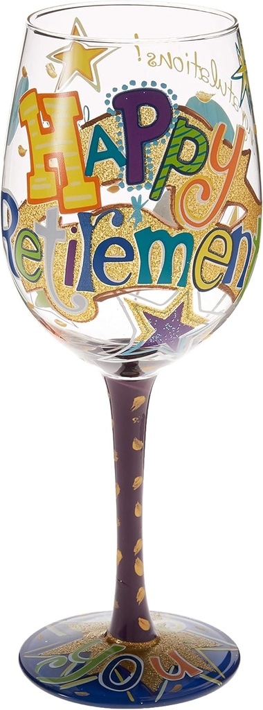 Enesco Lolita Happy Retirement Artisan Painted Wine Glass Gift, Multicolor, 1 Count (Pack of 1)