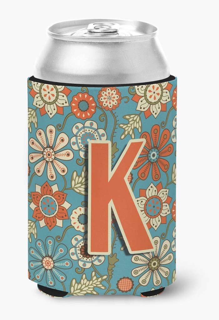 Caroline's Treasures CJ2012-KCC Letter K Flowers Retro Blue Can or Bottle Hugger Cooler Washable Drink Sleeve Collapsible Beverage Insulated Holder, Can Hugger, Multicolor