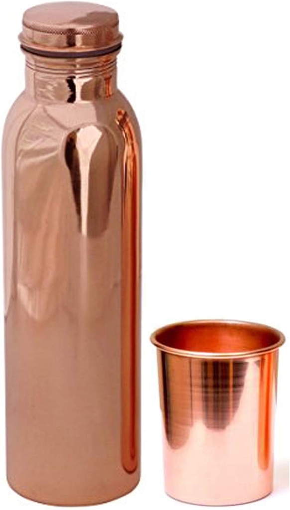 Pure Copper Water Bottle with 1 Copper Glass Drinkware Set Pack of 2 (1000 ML Bottle, 300 ML Glass)