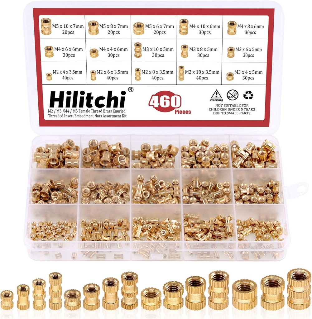 Hilitchi 460 Pcs M2 M3 M4 M5 Female Thread Brass Knurled Threaded Insert Embedment Nuts Assortment Kit, Embed Parts, Pressed Fit into Holes for 3D Prints and More Projects