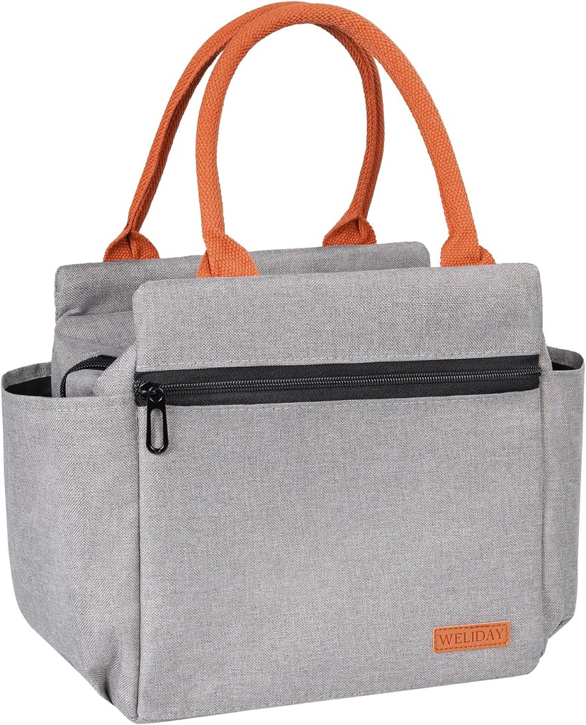 Lunch Bag Insulated Lunch Box Reusable Leakproof Spacious Cooler Tote for Women Men Adult with Bottle Holder and Front Zipper Pockets for Work Office Travel Picnic (Grey)