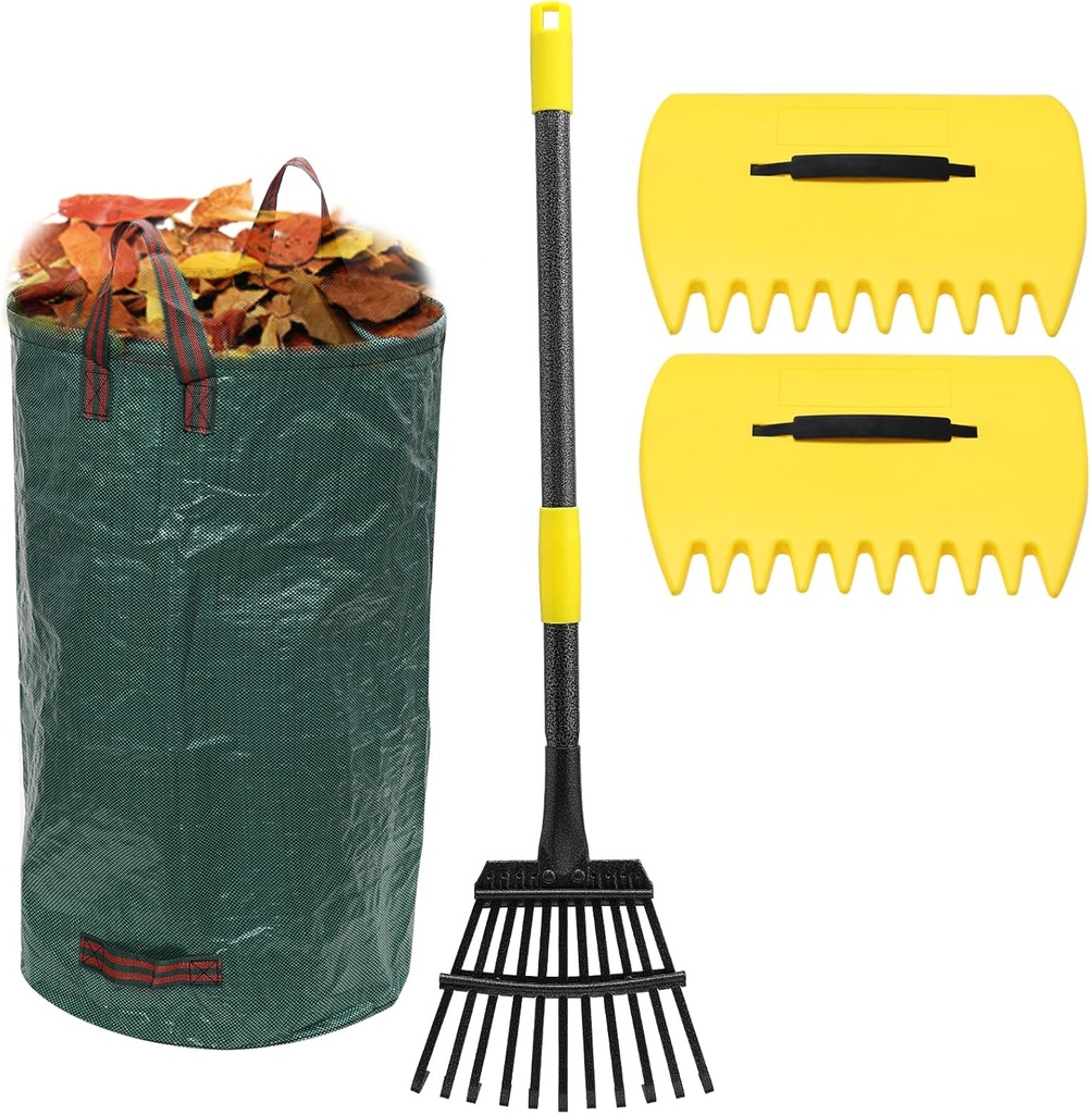 Garden Leaf Rake for Leaves with 32 Gallon Lawn and Leaf Bags & Leaf Scoops, Adjustable 11 Tines 9" Wide Small Adult Kids Lawn Shrub Yard Landscape Metal Rake Heavy Duty Long Handle 30-60