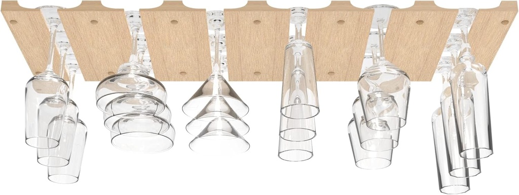 Wooden Wine Glass Holder for Under Cabinet | Under Shelf Kitchen Stemware Rack | Wood Holding Rack for Wine Glasses and Stemware | Stemware and Glassware Hanger and Organizer- Stores Up to 18 Glasses