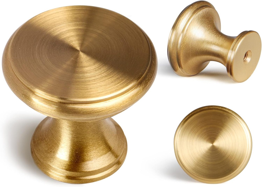 VELLE 5 Pack Solid Brass Cabinet Knobs, 1-1/5 Inch Diameter Gold Cabinet Hardware, Antique Brass Dresser Drawer Knobs with 10 Screws