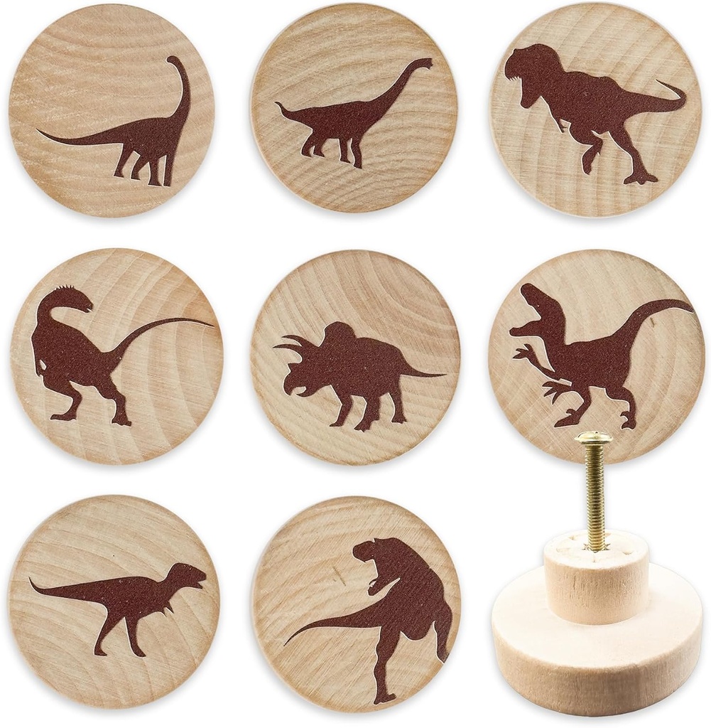 8PCS Wooden Dinosaur Animal Nursery Dresser Knobs Baby Unique Wood Knob Kids Room Bedroom Decorative Drawer Pulls Fun Cabinet Cute Closet Door Furniture Handles and Knobs Woodland Theme