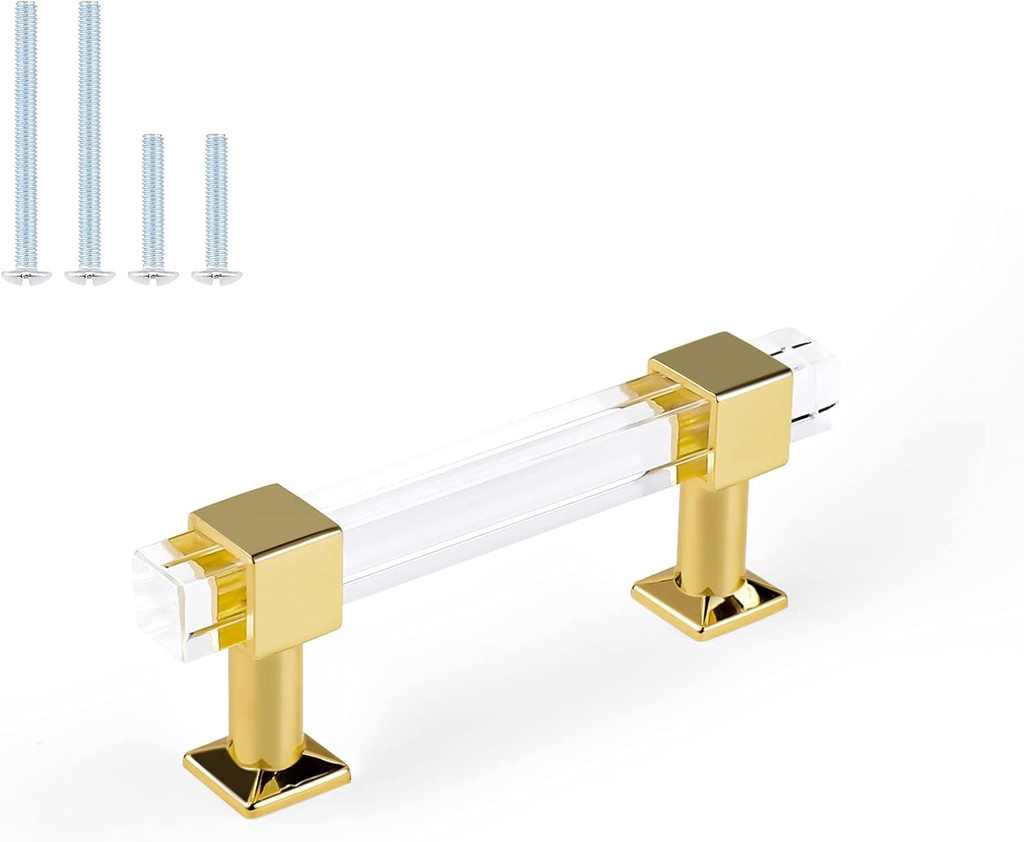 Orger 10 Pack 3" Hole Centers Kitchen Cabinet Handles, Clear Square Tube Acrylic Drawer Handles with Gold Finish Base, Cabinet Pulls for Bedroom Cabinet Dresser Cupboard Wardrob