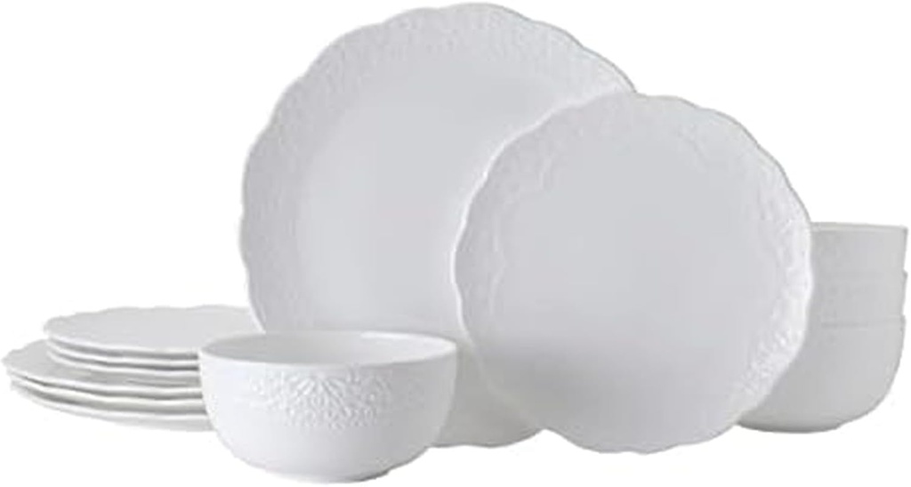 Mikasa Abigail Bone China Lightweight Chip Resistant 12 Piece Dinnerware Set, Service for 4, White