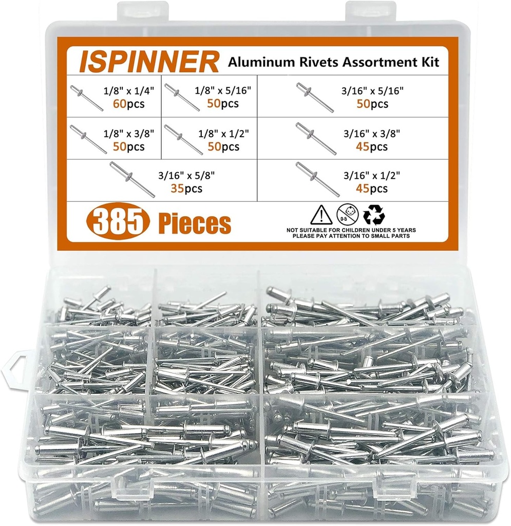 ISPINNER 385pcs 8 Sizes Aluminum Blind Rivets, Pop Rivets Assortment Kit (Silver)