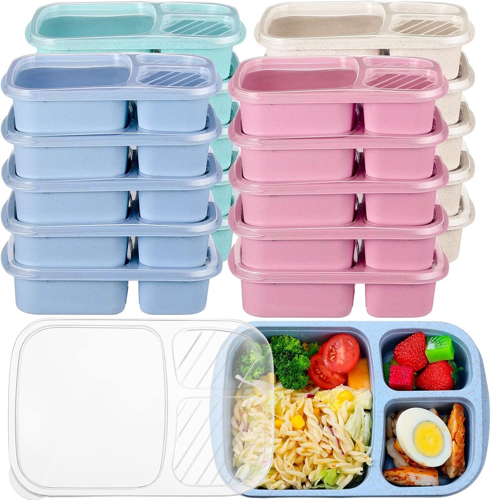 20 Pieces Bento Lunch Box for Kids, 3 Compartment Lunch Box Containers, Kids Meal Prep Containers Reusable Wheat Straw Lunch Containers Food Storage Bento Box for Schools and Travel (Multicolored)