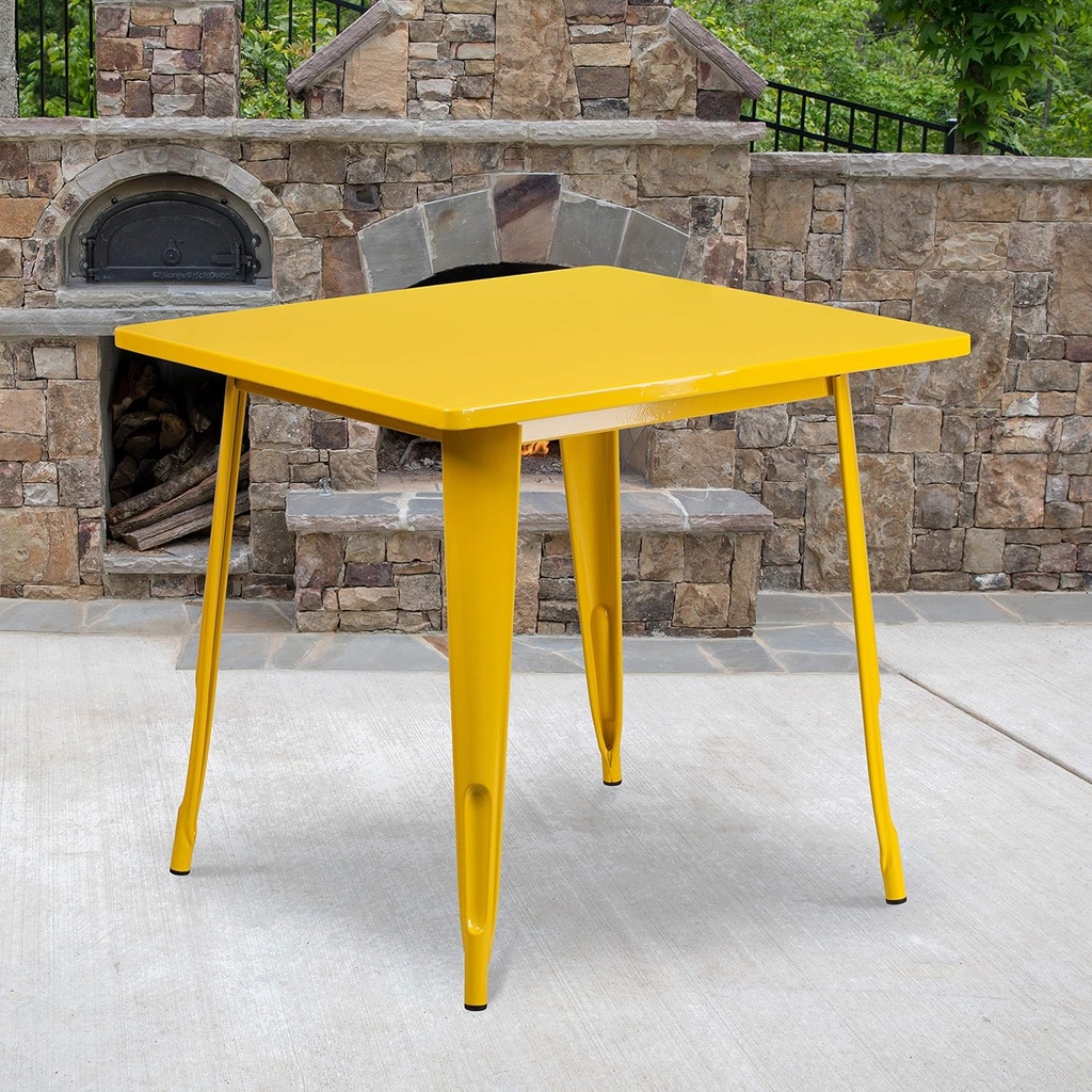 EMMA + OLIVER Commercial Grade 31.5" Square Yellow Metal Indoor-Outdoor Table