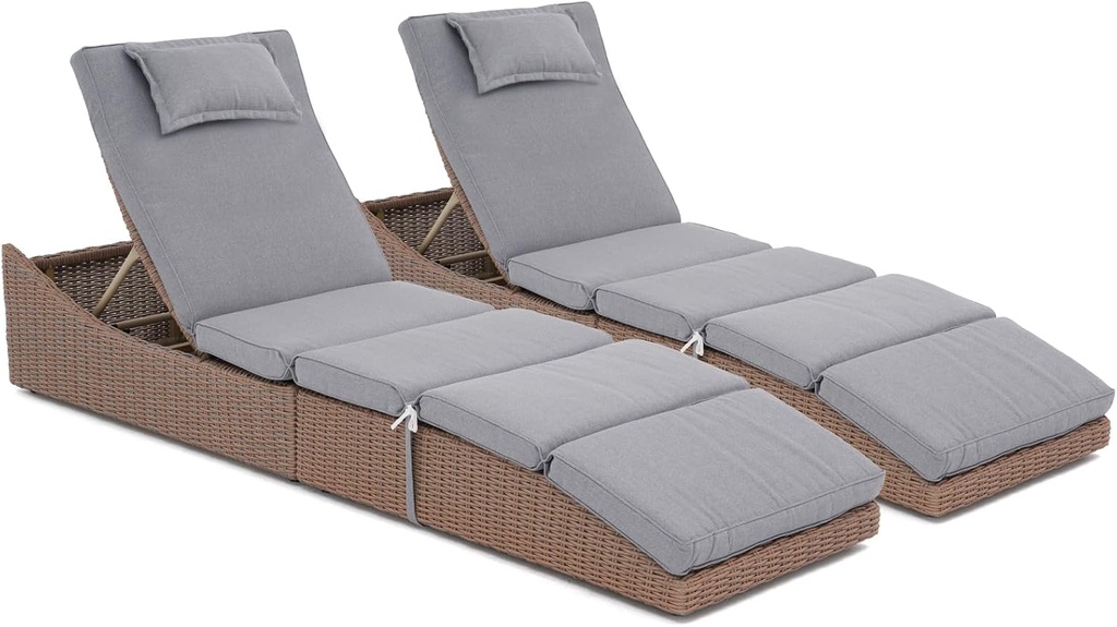 Soleil Jardin Folding Pool Lounge Chair Set of 2 Outdoor Adjustable Chaise Lounge Chair, Fully Assembled, Patio Reclining Sun Lounger, Natural Color Rattan & Gray Cushion