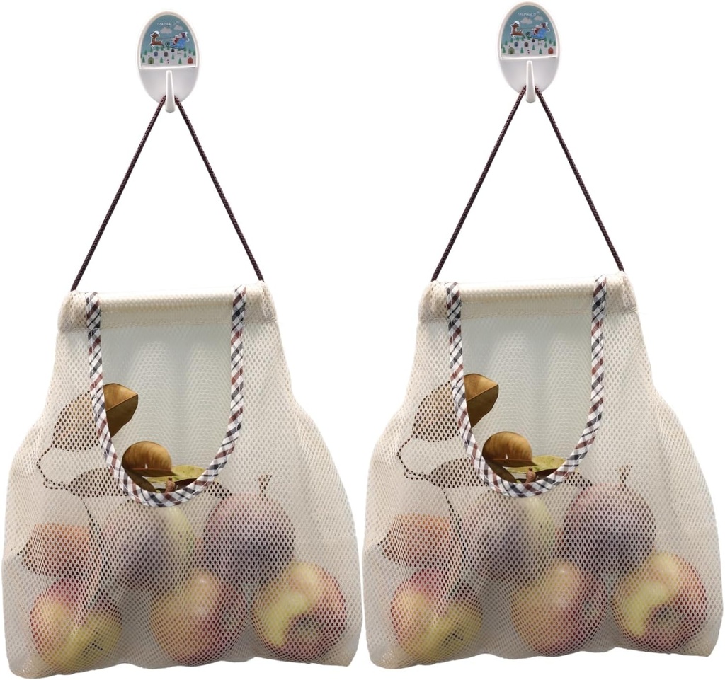 Durable Reusable Hanging Storage Mesh Bags for Fruits, Vegetables, Garlic, Ginger & Potatoes, Kitchen Storage Mesh Bag, Breathable Storage Bags for Pantry, Home Decor & Kitchen Decor (2 white bags)